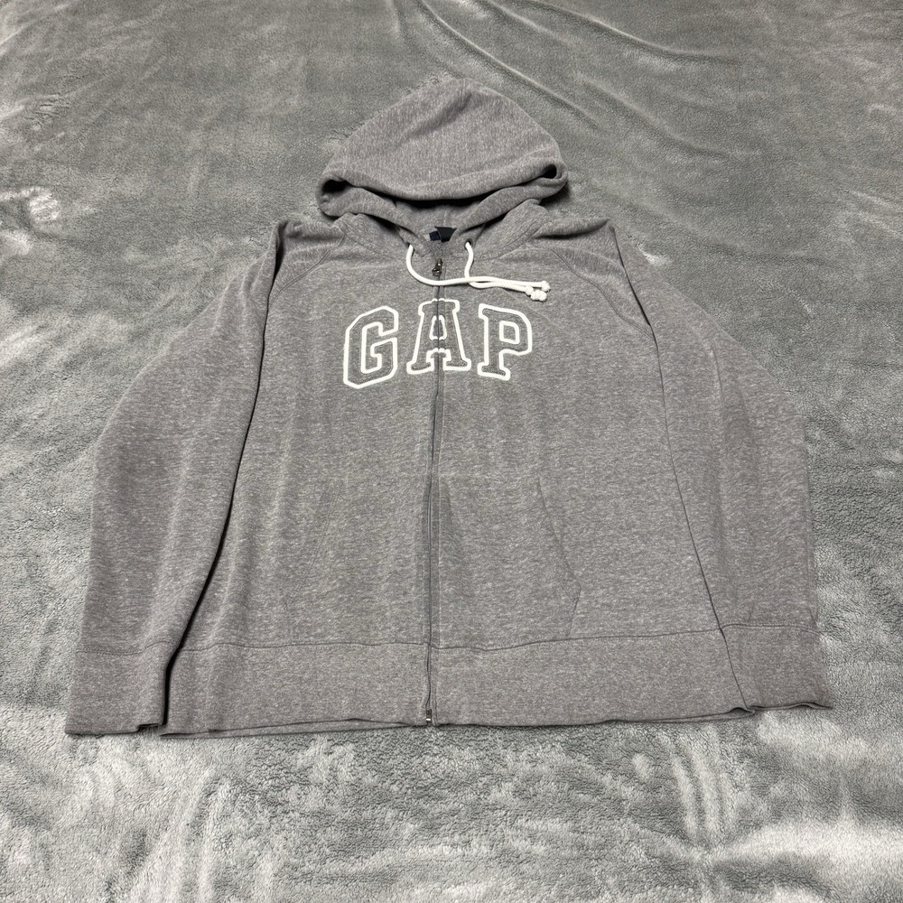 GAP Women's Gray Full Zip Fleece Cotton Blend Logo Hoodie Pockets Size XL